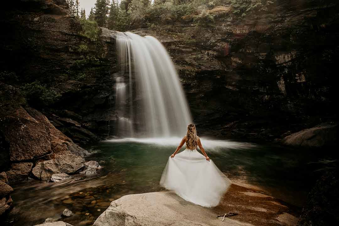 Adventure bridal shoot - by waterfall near Tumbler Ridge BC